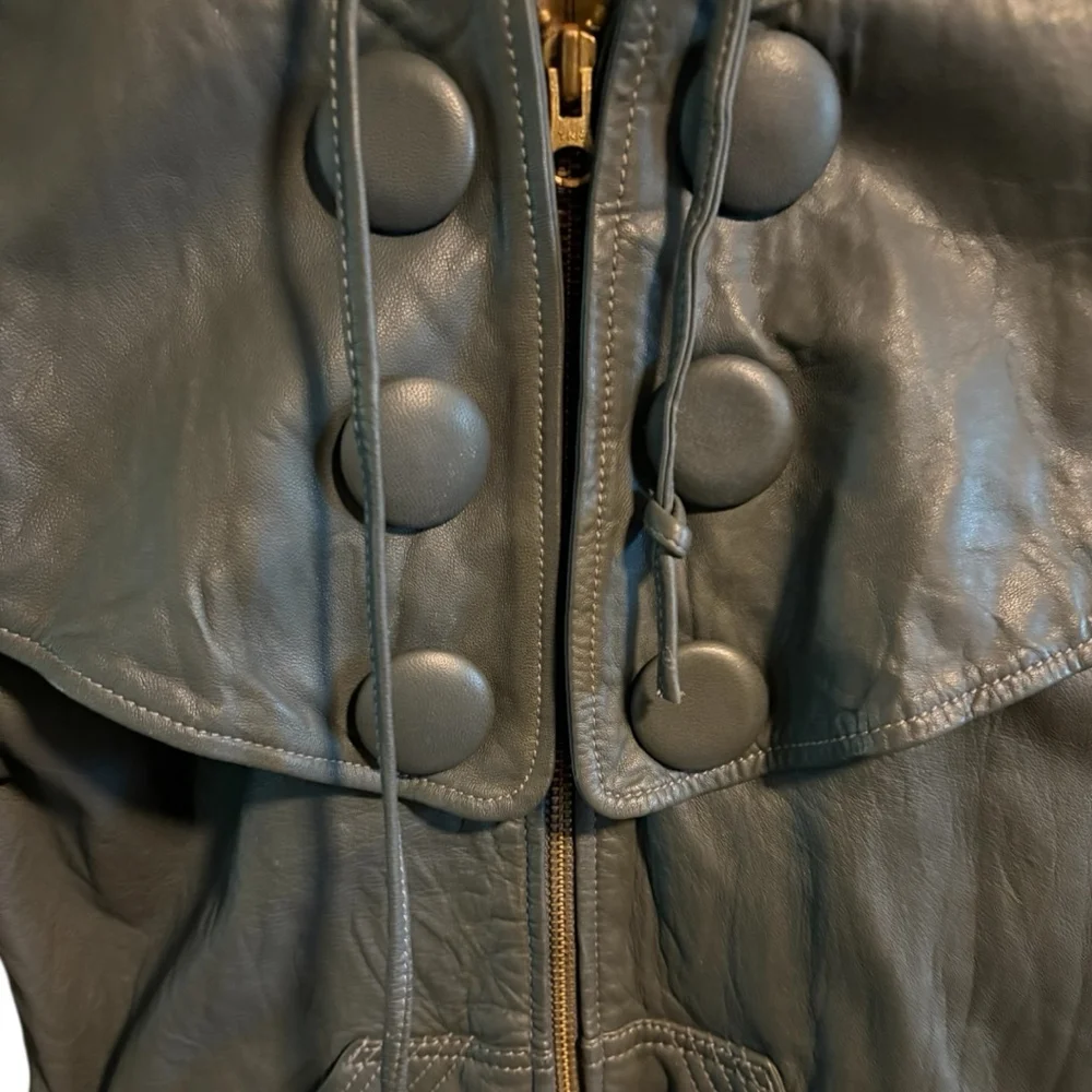 🛑SOLD🛑Mike & Chris VTG Rupert Double Breasted Hooded Grey Leather Jacket S - Picture 4 of 10